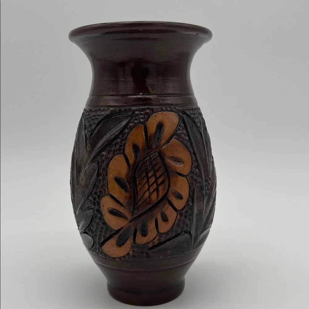 Vintage Handcrafted Korond Pottery Brown Floral Vase Transylvania ~ 7 Inches